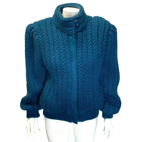 Scoop Jackets & Blazers - Vintage 70's Retro Knit Jacket Puff Sleeves Mock Neck Scoop Teal Blue Large